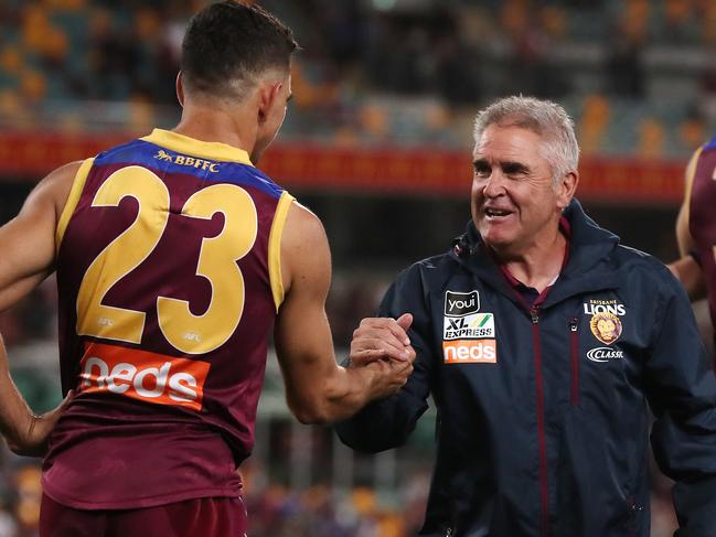 Kevvie could do worse things than catching up with Lions coach Chris Fagan. Picture: Michael Klein