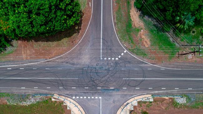 Stow Road in Howard Springs has seen a series of hoon driving events that have left marks on the road and neighbours frustrated. Picture: Che Chorley