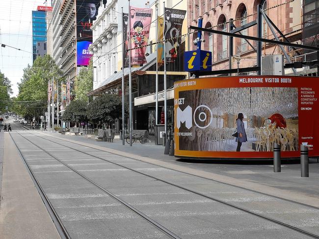 An empty Bourke St. Mall in Melbourne’s CBD. Picture: Ian Currie