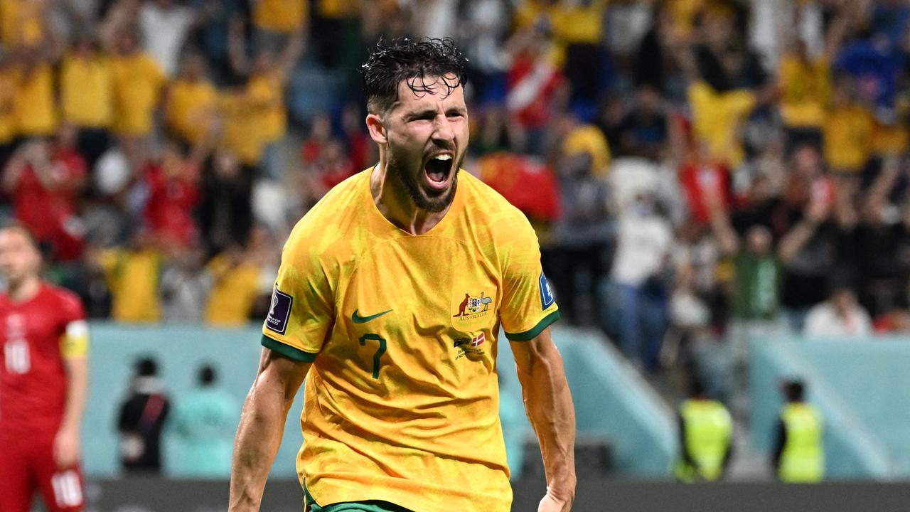 Mathew Leckie celebrates the winner against Denmark at the 2022 World Cup.