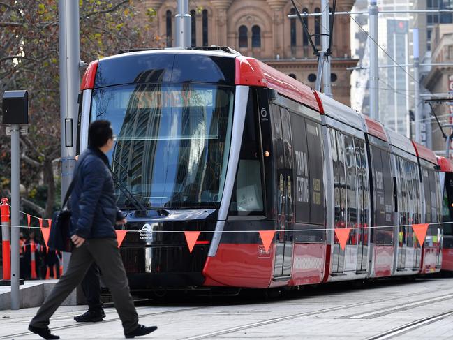 One of the new light rail vehicles parked at Town Hall on Wednesday. Picture: AAP Image/Dean Lewins