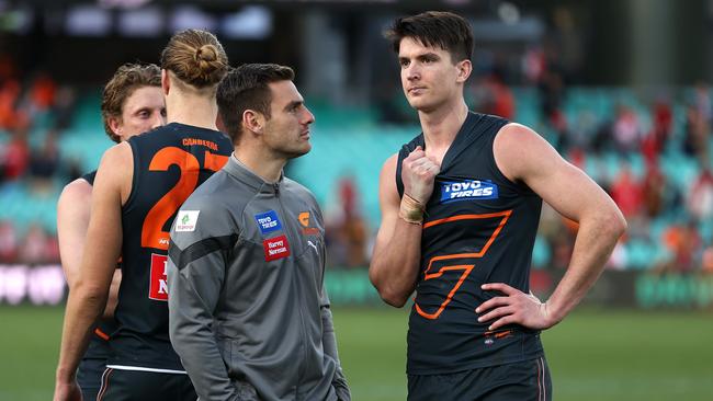 Stephen Coniglio (left) and Sam Taylor debrief after last week’s huge defeat to the Swans. Picture: Phil Hillyard