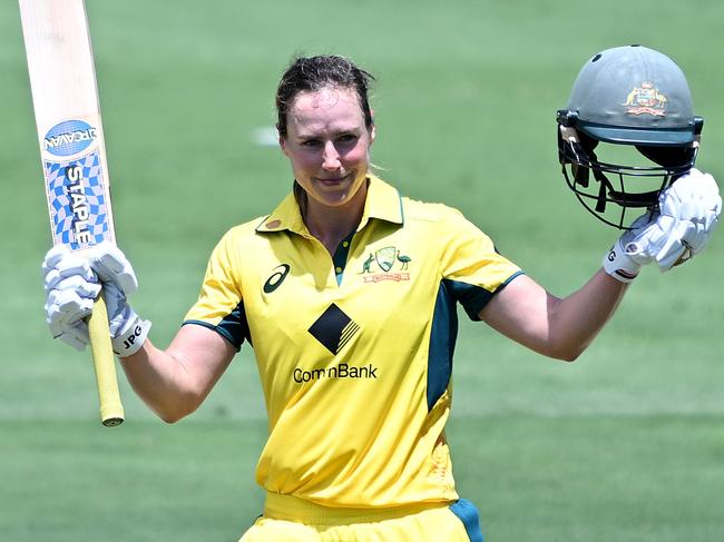 BRISBANE, AUSTRALIA - DECEMBER 08: Ellyse Perry of Australia celebrates after scoring a century during game two of the Women's One Day International Series between Australia and India at Allan Border Field on December 08, 2024 in Brisbane, Australia. (Photo by Bradley Kanaris/Getty Images)