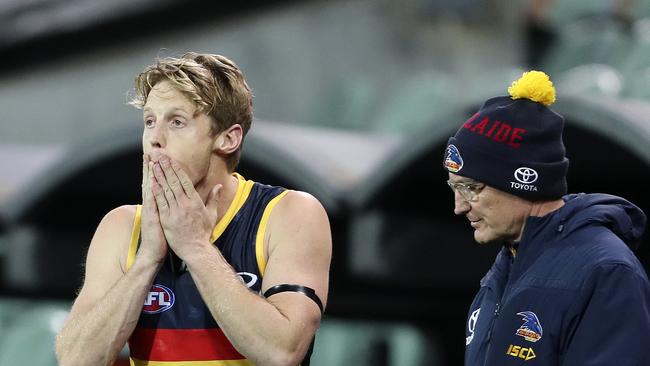 Crows captain Rory Sloane reacts after the big Showdown loss on Saturday night. Picture: SARAH REED