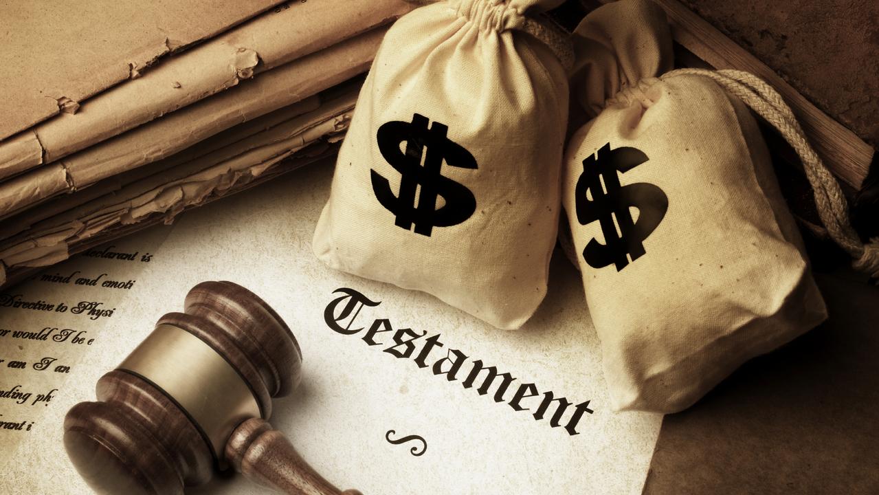 gavel testament document and canvas bags with dollar sign representing inheritance, money