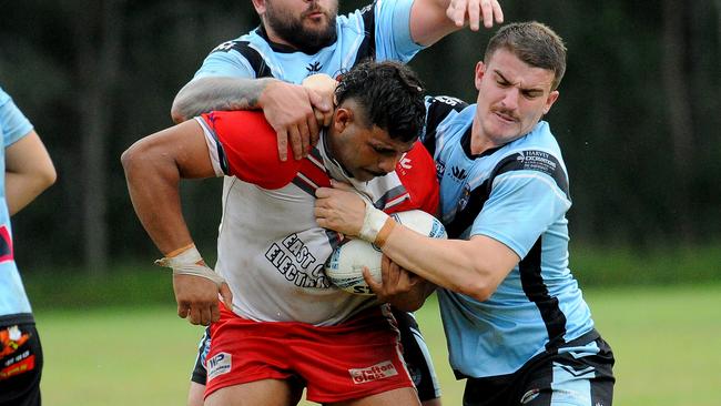 South Grafton forward Conrad Lardner held in a tackle. Picture: Leigh Jensen