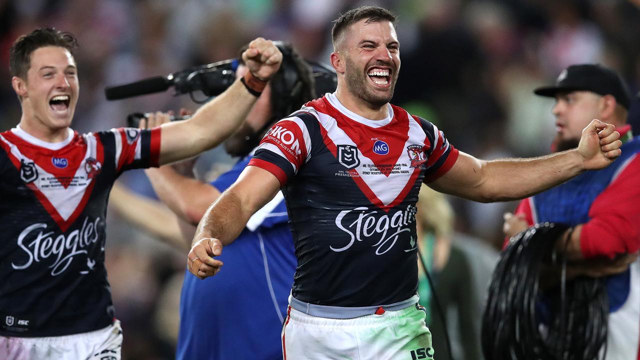 Roosters star James Tedesco celebrates victory during the 2019 NRL grand final.