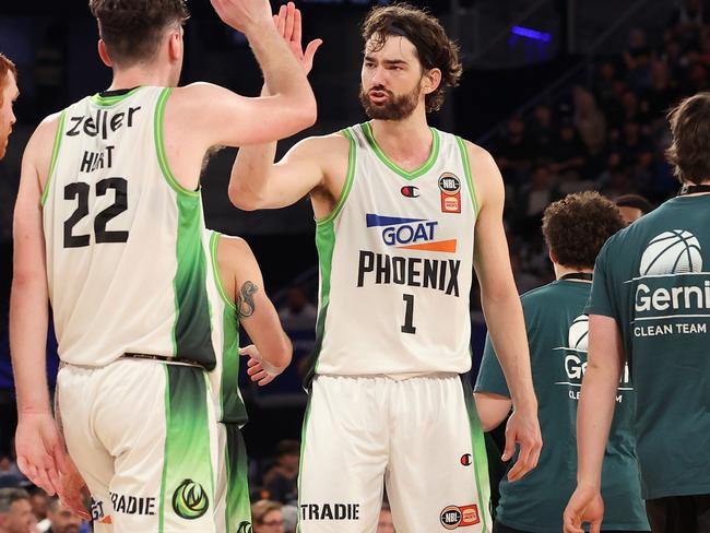 MELBOURNE, AUSTRALIA - OCTOBER 20: Jordan Hunter of the Phoenix celebrates at the buzzer during the round five NBL match between Melbourne United and South East Melbourne Phoenix at John Cain Arena, on October 20, 2024, in Melbourne, Australia. (Photo by Kelly Defina/Getty Images)