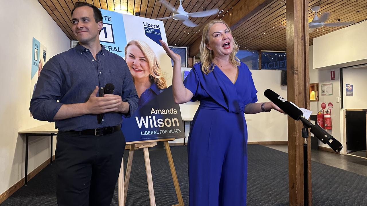 Liberal candidate for Black Amanda Wilson concedes the by-election triggered by David Speirs resigning from parliament. Pictured with Opposition leader Vincent Tarzia. November 16, 2024. Picture: Kathryn Bermingham