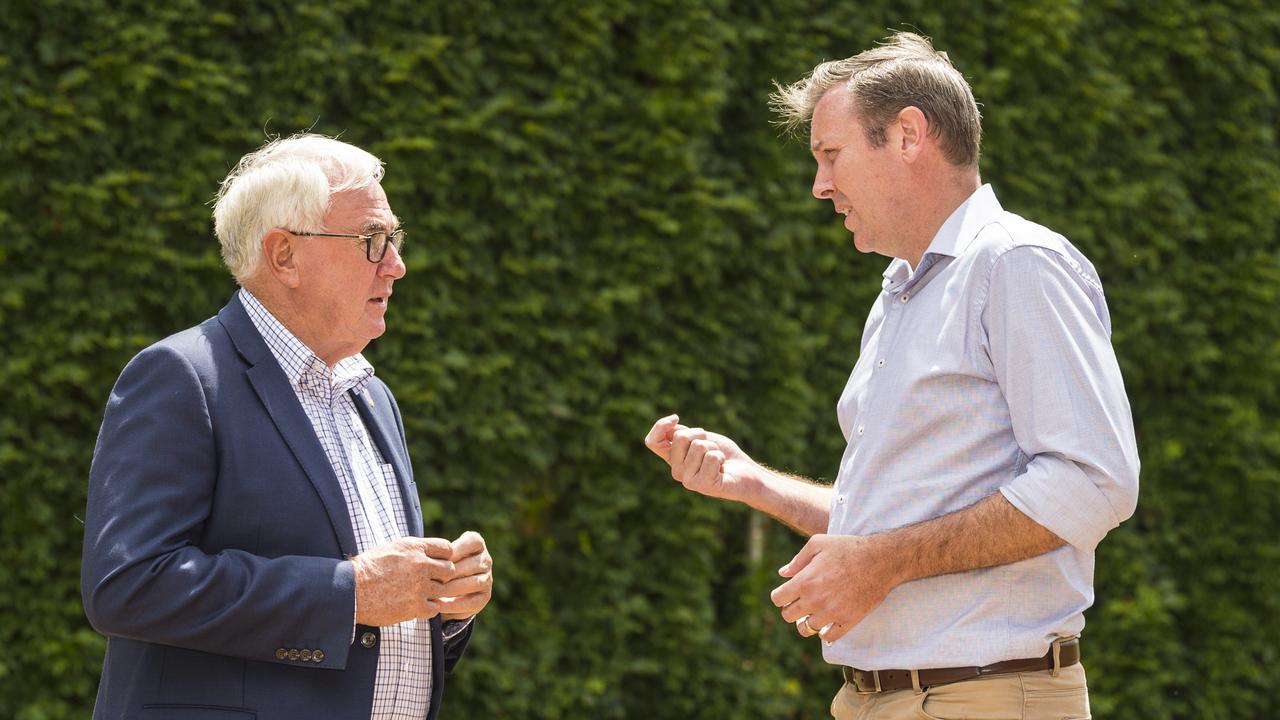 TRC Mayor Paul Antonio (left) and Groom MP Garth Hamilton after talking to media about the Wagners plan for a COVID quarantine hub next to the Wellcamp Airport, Monday, January 25, 2021. Picture: Kevin Farmer