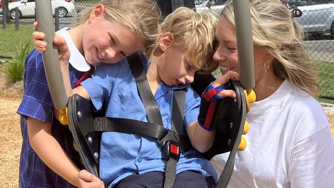 Pearl, Louie and Andrea Haywood enjoying the new play space at Liviâs place at Goorimahbah Place of Stories.