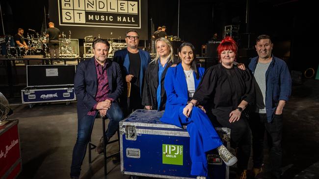 Powderfinger bassist and co-owner John Collins, Secret Sounds co-CEO Paul Piticci, Jackie Antas from Live Nation, Alex Karatassa from Five-Four Entertainment, venue manager Taryn Walton, and Five-Four’s Ross Osmond at the opening of Hindley Street Music Hall. Picture: Tom Huntley