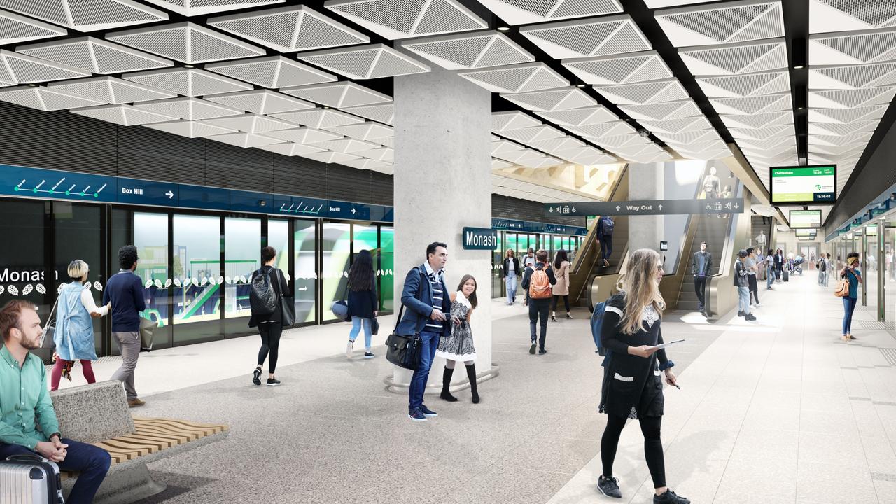 New designs show how the underground station next to Monash University’s eastern suburbs campus will look.