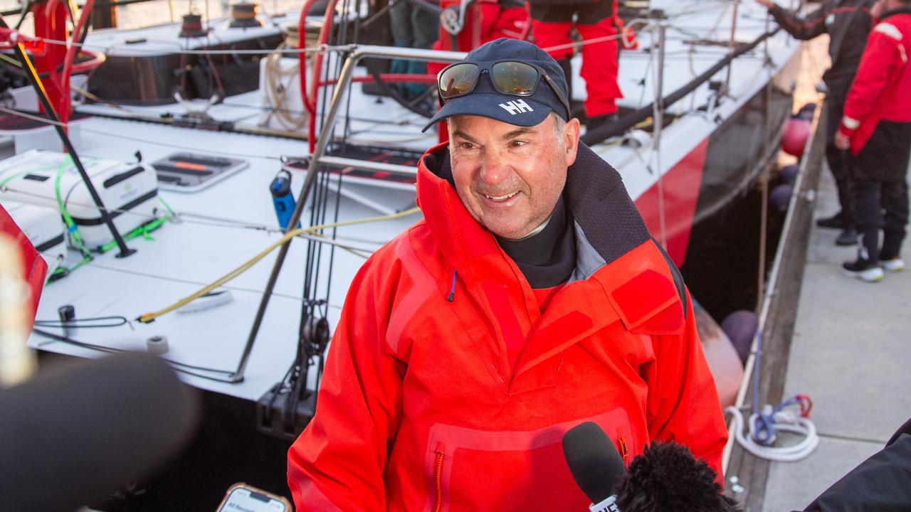 Celestial V70 skipper Sam Haynes arrives in Hobart just after dawn in the 2024 Sydney to Hobart. Picture: Linda Higginson