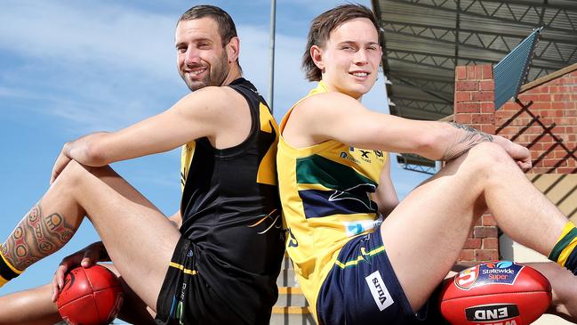 SANFL - Wednesday, 26th August, 2020 - SANFL footballers and cousins. Glenelg's Rulla Kelly-Mansell and Eagles' Ryan Mansell at the Bay oval. Picture: Sarah Reed