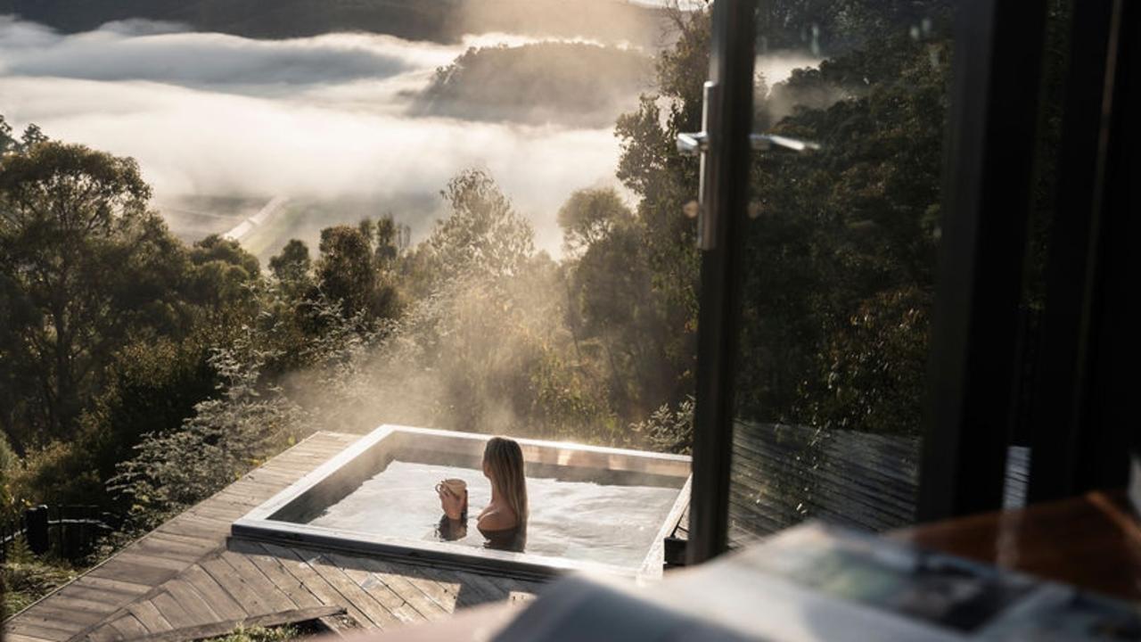 The hot tub with a view at Orchards Nest in Tasmania's Huon Valley. Picture: Oscar Sloane Photography