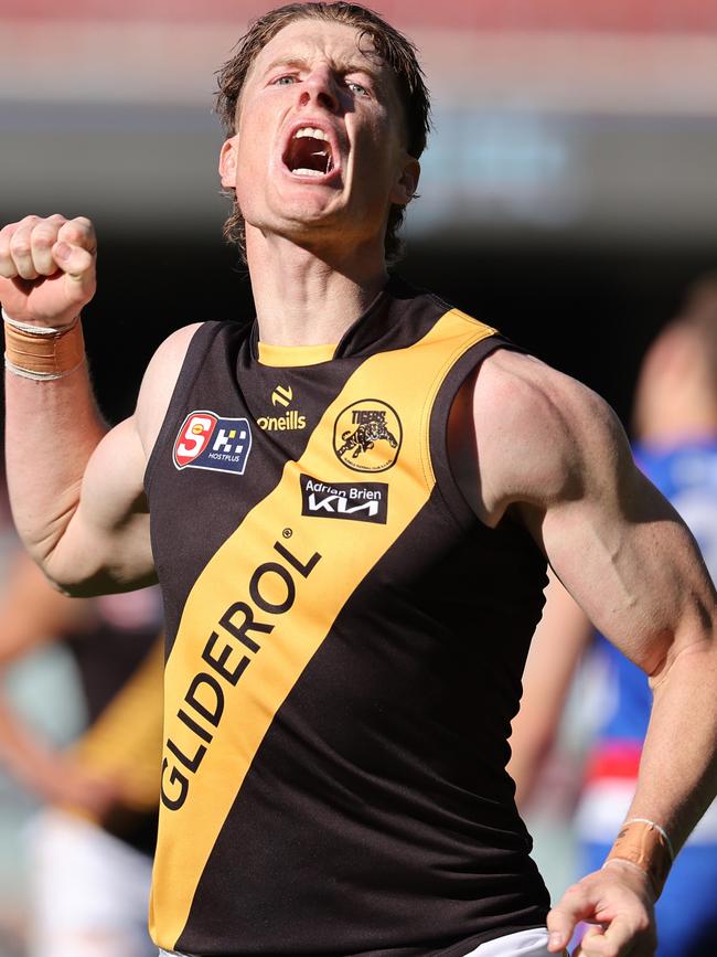 Glenelg’s Lachie Hosie celebrates kicking a goal in his comeback game against Central District in last Sunday’s SANFL preliminary final at Adelaide Oval. Picture: David Mariuz/SANFL