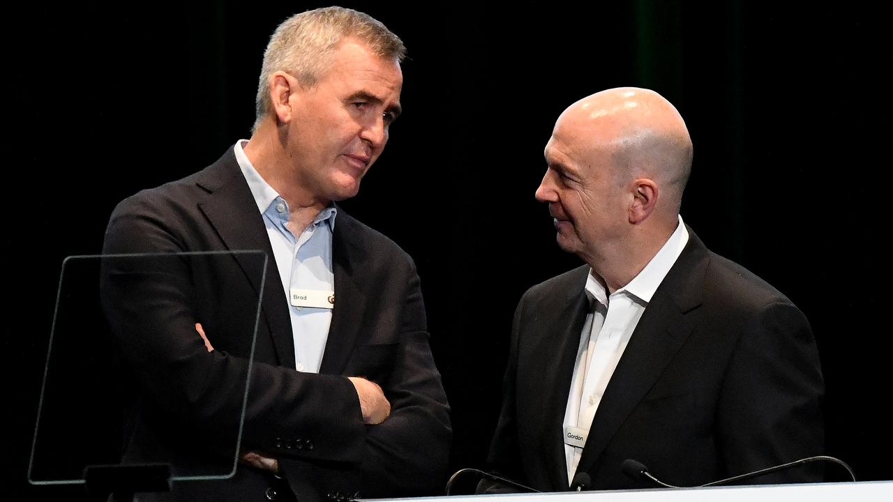 Gordon Cairns, right, with retailer “for the 21st century” and Woolworths CEO Brad Banducci, left. Picture: AAP