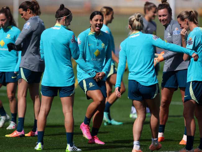 BRISBANE, AUSTRALIA - AUGUST 03: Sam Kerr during an Australia Matildas training session during the the FIFA Women's World Cup Australia & New Zealand 2023 at Queensland Sport and Athletics Centre on August 03, 2023 in Brisbane, Australia. (Photo by Chris Hyde/Getty Images)