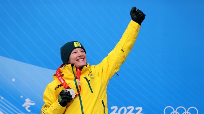 Jaclyn Narracott celebrates her silver medal after a stunning performance. Picture: Getty