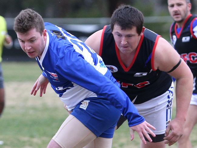 Sunbury Kangaroos battle Broadford in the RDFL this year. Picture: Hamish Blair