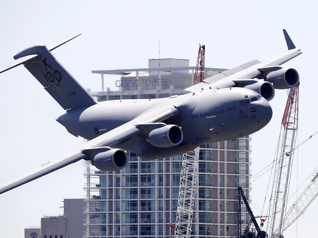 RAAF C-17 Globemaster pictured flying over Brisbane in preparation for its River Festival display this Saturday, Brisbane 23rd of September 2021.  (Image/Josh Woning)