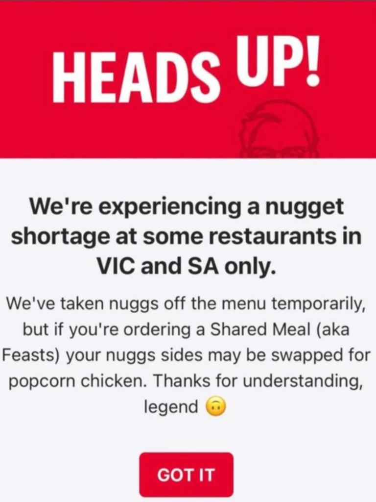 KFC restaurants in Victoria and South Australia have been forced to temporarily remove chicken nuggets from menus. Picture: Reddit