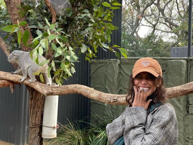 Bucket list tick: Adam Demos’ partner and Sex/Life co-star Sarah Shahi’s first encounter with a koala. Picture: Supplied