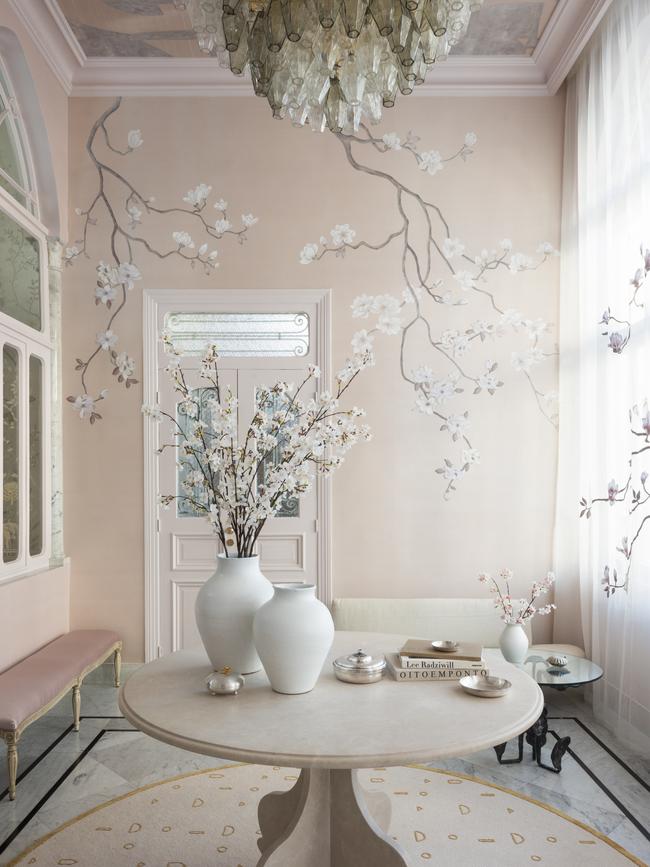 ‘Magnolia Canopy’ on Rose Water slub silk with hand embroidery, hung in de Gournay’s Beirut showroom