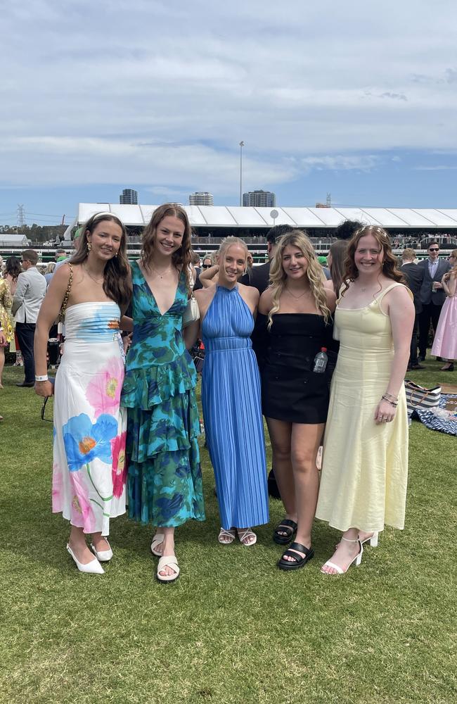 Emma, Grace, Lexi, Ruby and Ruth at the 2024 Crown Oaks Day, held at Flemington Racecourse. Picture: Gemma Scerri