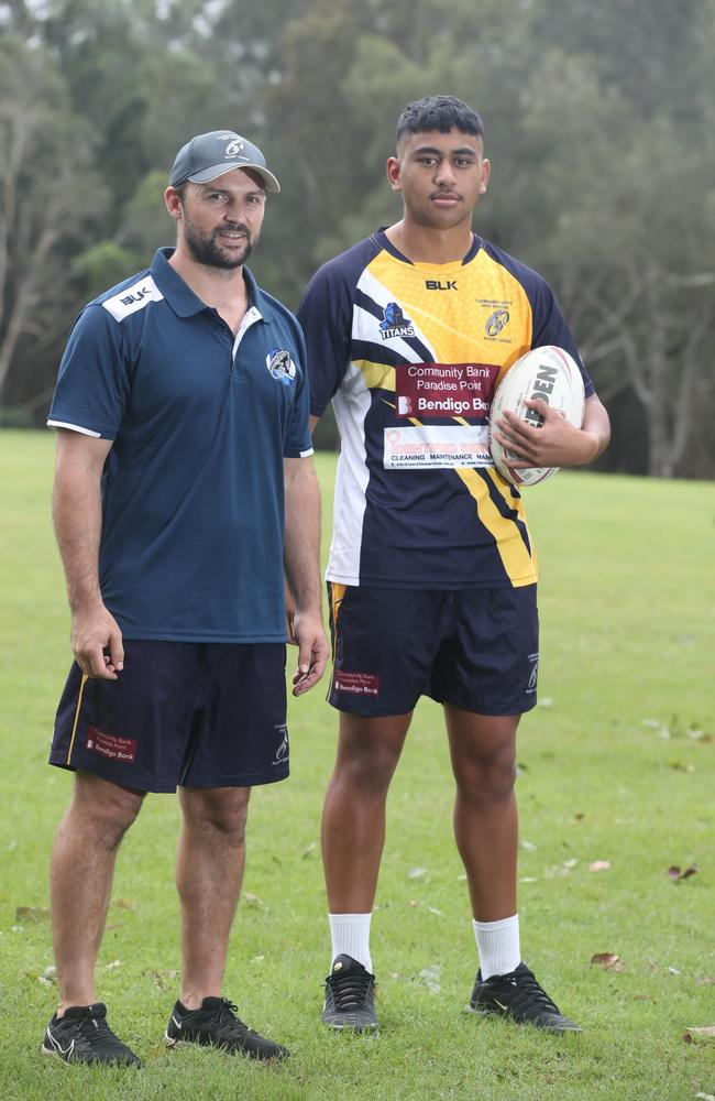 Coombabah State High School Langer Cup Squad members. Coach Sam Meskell and K-Ci Whare 18. Picture Glenn Hampson.