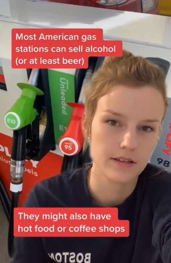 She shared a now viral TikTok about the key differences between US petrol stations and those in Australia – with a lack of alcohol at Aussie servos being one of them. Picture: TikTok/ameristralia