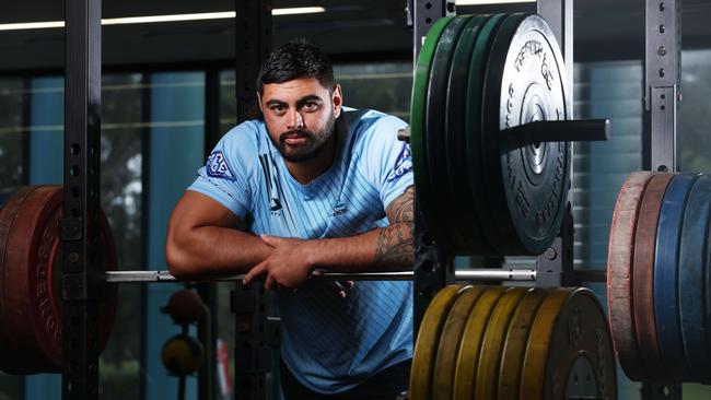 Cronulla strongman Royce Hunt pictured in the Sharks gym. Picture: David Swift