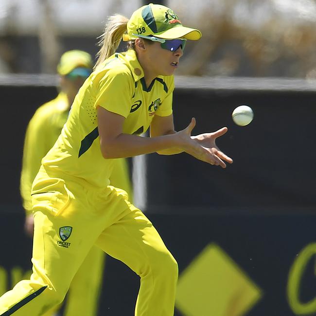 Sophie Molineux of Australia catches out Pooja Vastrakar of India during game one of the Women's One Day International series between Australia and India at Great Barrier Reef Arena on September 21, 2021 in Mackay, Australia. (Photo by Albert Perez/Getty Images)