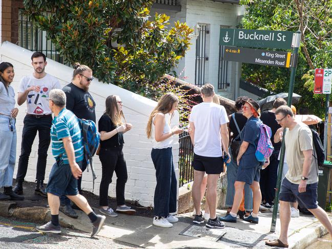 A 100m long line of people looking for rental housing in Newtown, Sydney. Picture - Chris Pavlich for The Australian