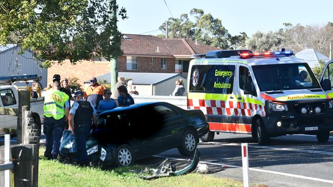 Emergency services responded to a two-vehicle crash on the Big River Way at Ulmarra between a sedan and a dog and truck trailer.