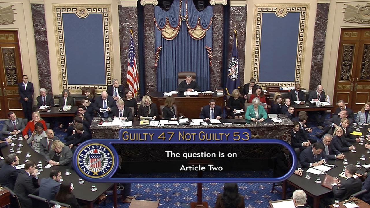 A still from video from Wednesday, February 5 of the impeachment vote in the Senate on the second charge, obstruction of Congress, against President Donald Trump. Picture: Senate Television via AP
