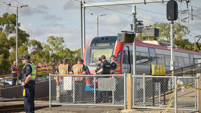 Emergency services at Tambelin train station in Evanston Gardens after pedestrian Rhyle Abiado was hit by a train in February. Picture: Matt Loxton