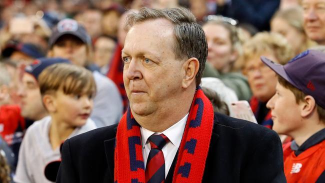 MELBOURNE, AUSTRALIA - AUGUST 26: Demons president Glen Bartlett celebrates the club making the finals during the 2018 AFL round 23 match between the Melbourne Demons and the GWS Giants at The Melbourne Cricket Ground on August 26, 2018 in Melbourne, Australia. (Photo by Adam Trafford/AFL Media)
