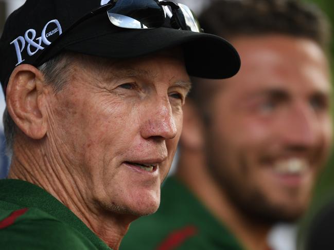 Former Brisbane Bronco's coach Wayne Bennett (left) and player Sam Burgess speak to the media during a press conference as Bennett takes up his new coaching position with the South Sydney Rabbitohs during a training session at Redfern Oval in Sydney, Tuesday, December 4, 2018. (AAP Image/Dean Lewins) NO ARCHIVING