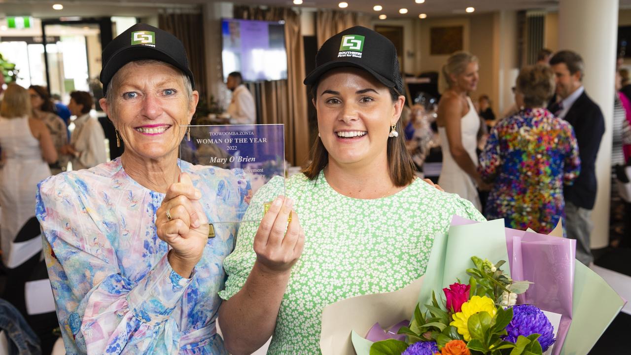 Allana O'Leary representing Are You Bogged Mate? (right) accepts the Woman of the Year award on behalf of Mary O'Brien from Zonta Club of Toowoomba Area president Barb Grey at the International Women's Day luncheon at Picnic Point, Friday, March 4, 2022. Picture: Kevin Farmer