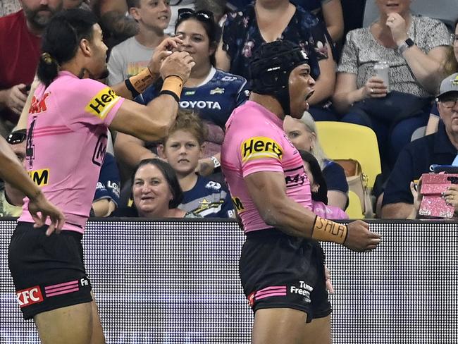 TOWNSVILLE, AUSTRALIA - APRIL 27: Brian To'o of the Panthers celebrates after scoring a try during the round eight NRL match between North Queensland Cowboys and Penrith Panthers at Qld Country Bank Stadium, on April 27, 2024, in Townsville, Australia. (Photo by Ian Hitchcock/Getty Images)