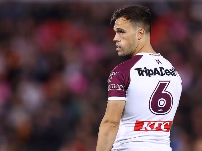 PENRITH, AUSTRALIA - JUNE 09: Luke Brooks of the Sea Eagles looks on dejected during the round 14 NRL match between Penrith Panthers and Manly Sea Eagles at BlueBet Stadium, on June 09, 2024, in Penrith, Australia. (Photo by Jeremy Ng/Getty Images)