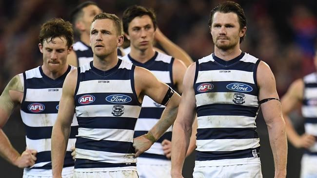 Geelong players leave the field after their finals loss to Melbourne last year. Picture: AAP Images