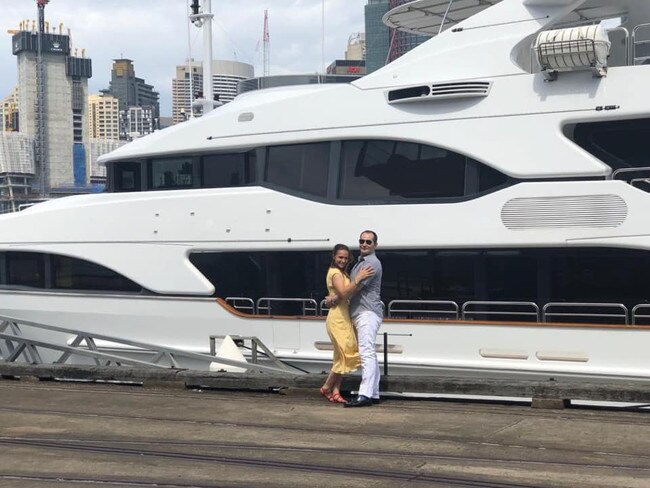 Michael Ibrahim, with his wife Jade, the man behind the talk of a star-studded desert movie studio dubbed “Arabiawood” posing in front of superyacht. Picture: Facebook