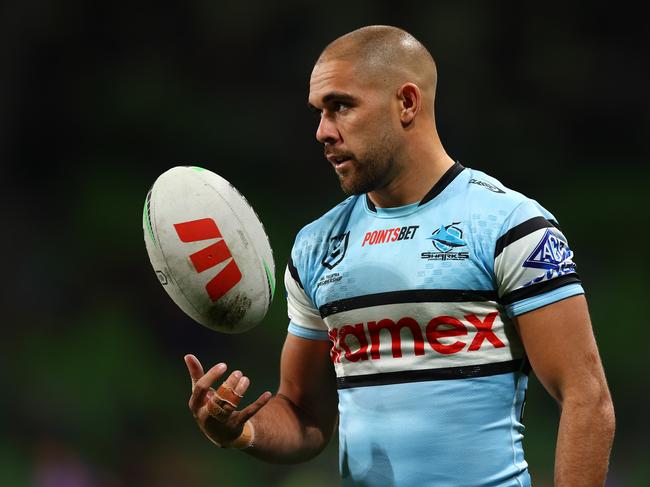 MELBOURNE, AUSTRALIA - MAY 11:  William Kennedy of the Sharks warms up prior to the round 10 NRL match between Melbourne Storm and Cronulla Sharks at AAMI Park on May 11, 2024 in Melbourne, Australia. (Photo by Graham Denholm/Getty Images)