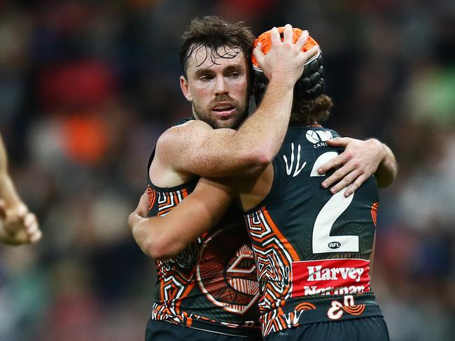 Giants Darcy Jones celebrates with Brent Daniels after kicking a goal during the GWS Giants v Carlton Round 17 AFL match at ENGIE Stadium, Sydney on July 6, 2024.. Photo by Brett Costello(Image Supplied for Editorial Use only - **NO ON SALES** - Â©Brett Costello )