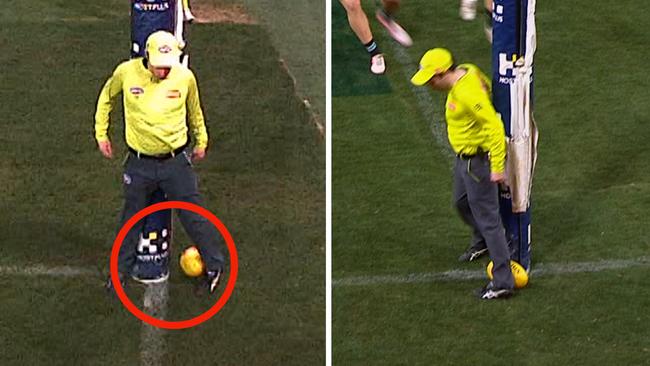 The goal umpire couldn't quite get his dancing feet out of the way.