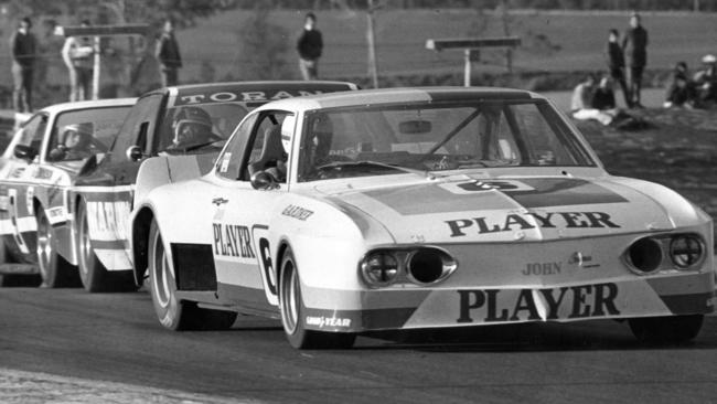 Frank Gardner steers a Corvair around Oran Park raceway in August, 1976.