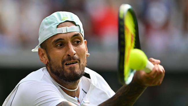 Nick Kyrgios returns during his round of 16 victory over Brandon Nakashima. Picture: AFP